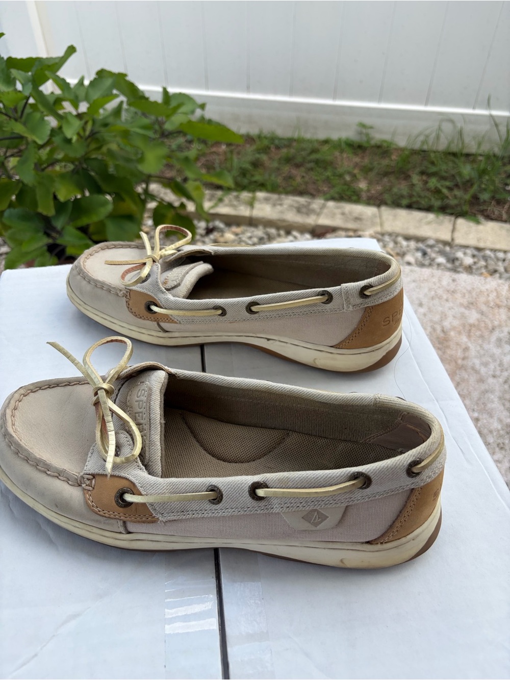 Sperry Beige and Tan Canvas Boat Moccasins
